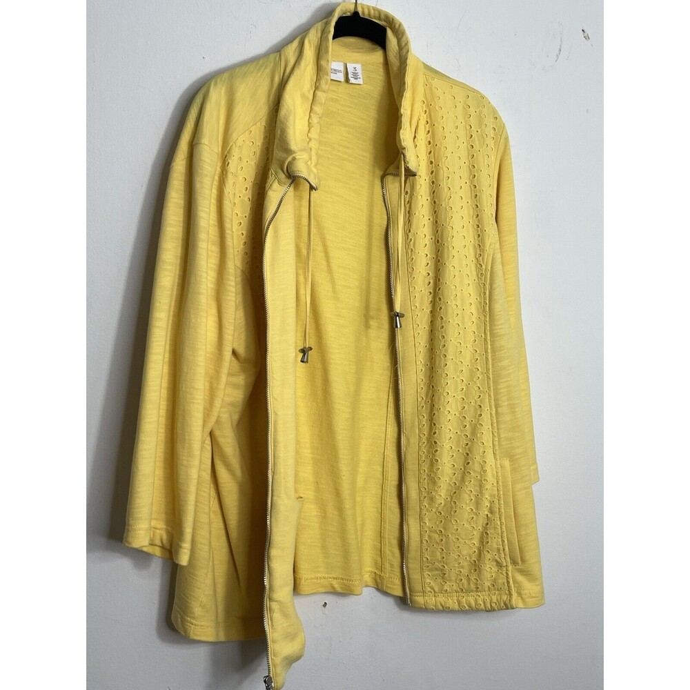 Chicos Sunlight Yellow Eyelet Light Knit Jacket 3/4 Sleeve sz 3 16 XL (11)